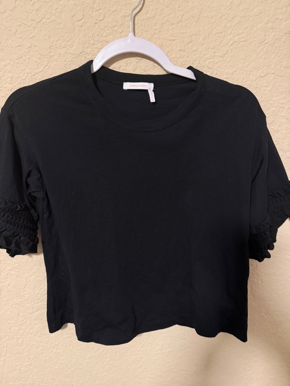 See By Chloe Black Short Sleeve Top with Smocked Ruffle Sleeves